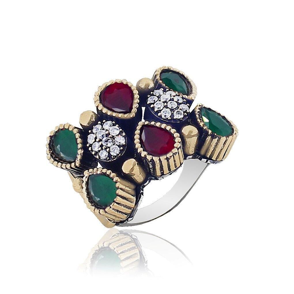 kök zümrüt ve kök yakut damla taşlı otantik yüzük SGTL3896