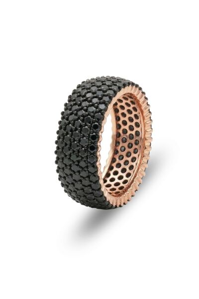925 Ayar Gümüş Yüzük 5 Sıra Siyah Zirkon Taşlı Kalın Tamtur Yüzük - Lüks Rose Gold Kaplama Alyans