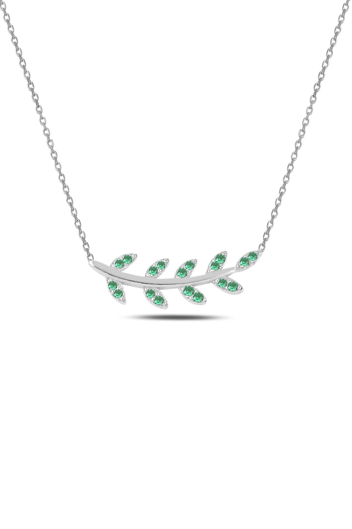 Gümüş rodyumlu yeşil taşlı yaprak kolye SGTL10294YESIL