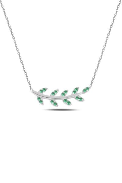 Gümüş rodyumlu yeşil taşlı yaprak kolye SGTL10294YESIL