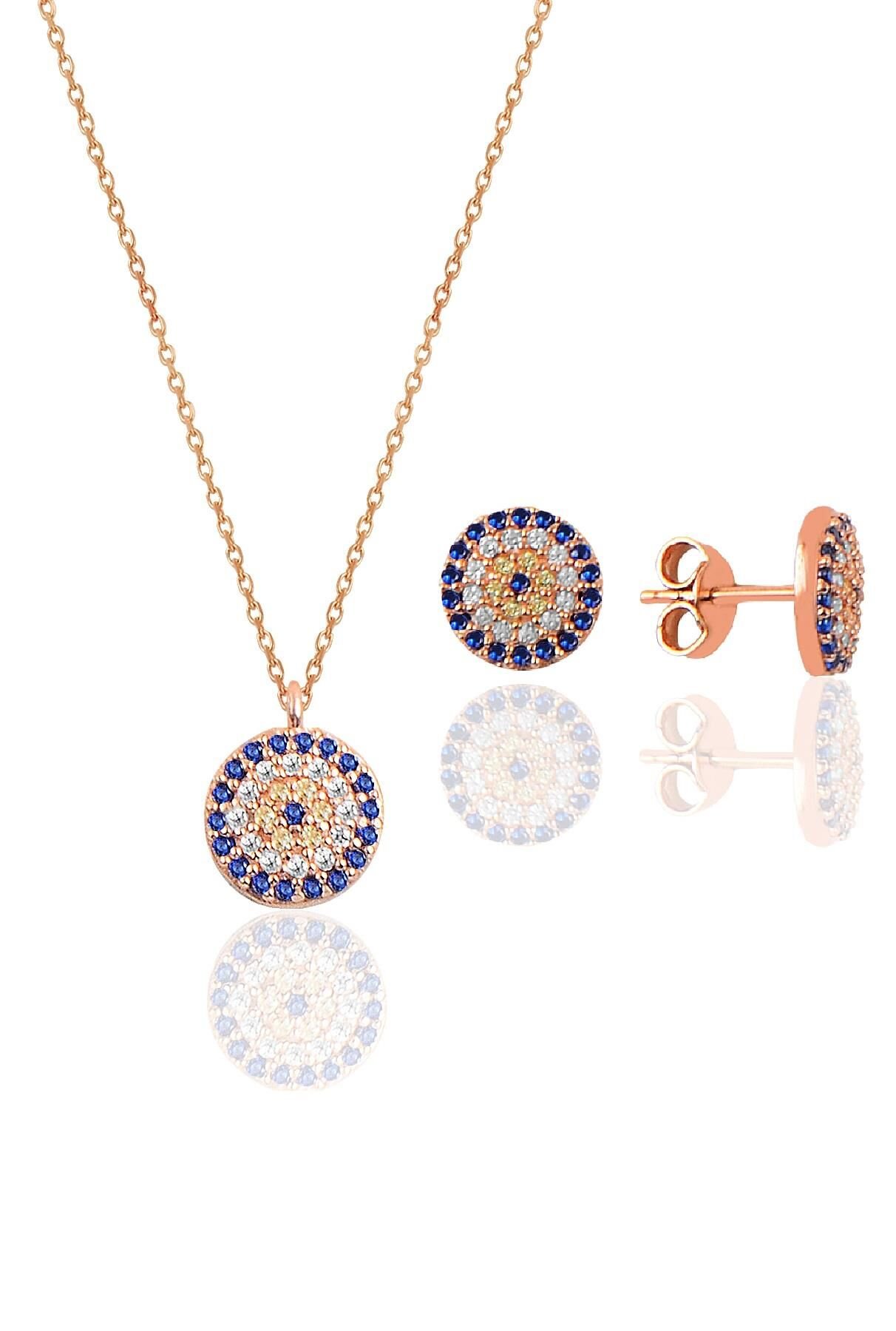 Gümüş rose zirkon taşlı nazar kolye ve küpe gümüş ikili set SGTL10602NAZAR
