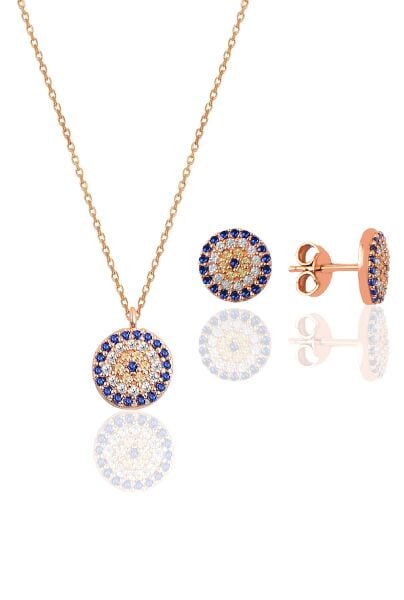 Gümüş rose zirkon taşlı nazar kolye ve küpe gümüş ikili set SGTL10602NAZAR