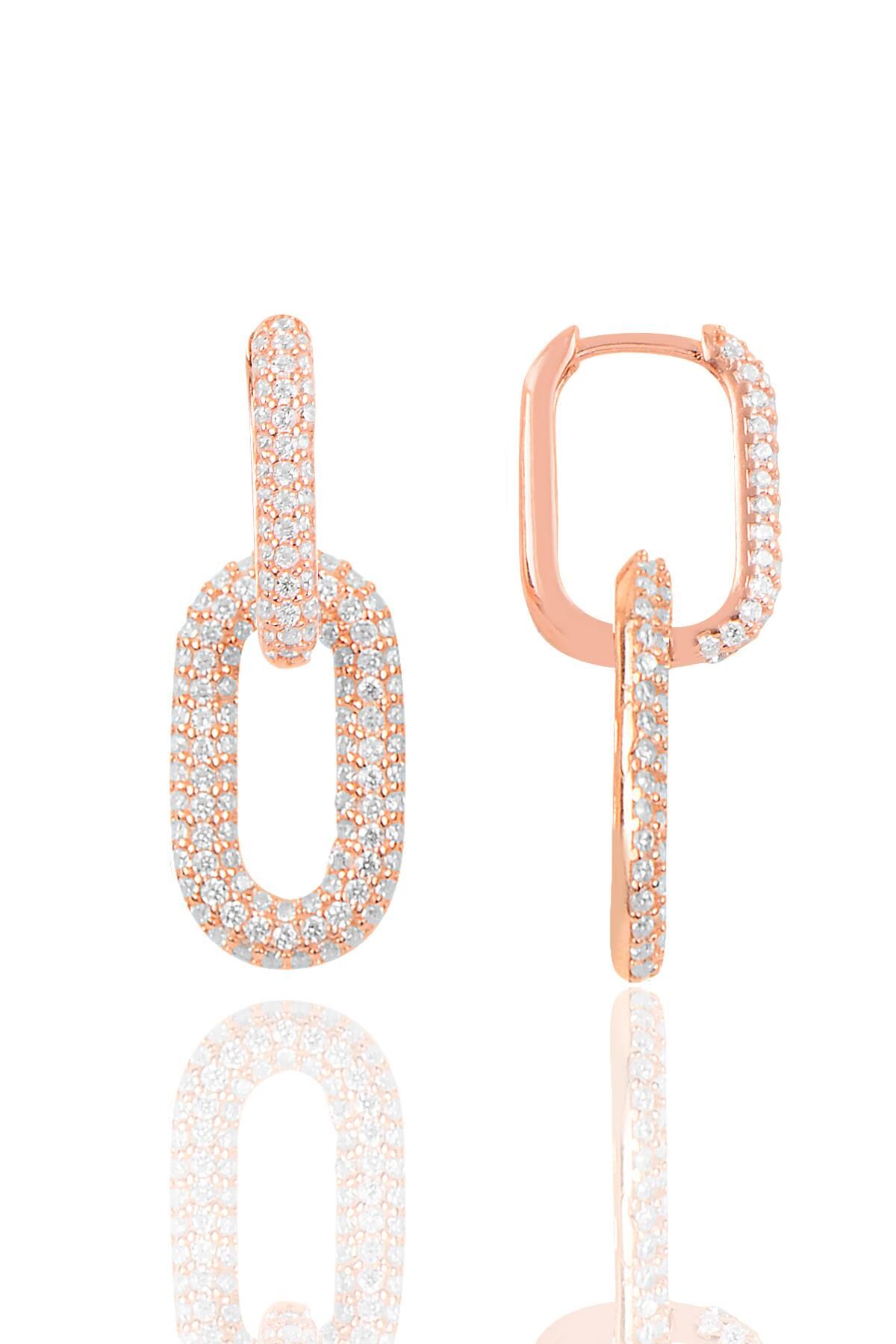 Gümüş rose zirkon taşlı sallantılı trend küpe SGTL12113ROSE