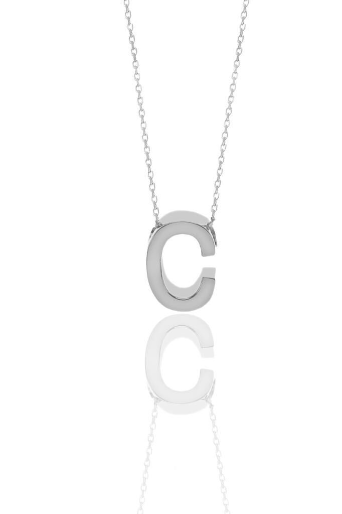 Gümüş rodyumlu üç boyutlu minimal Ç harf kolye SGTL11181CC