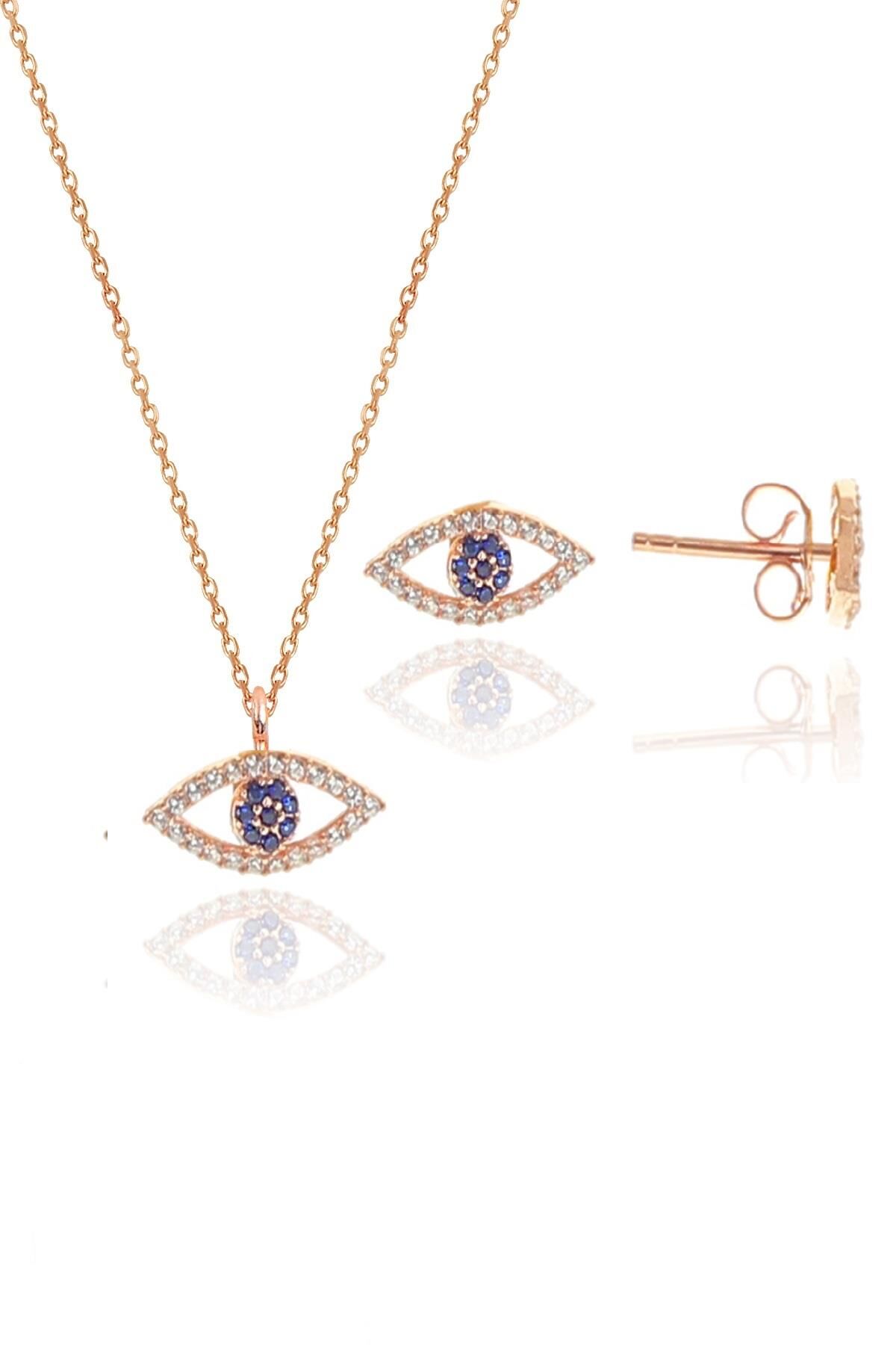 Gümüş rose zirkon taşlı safir göz kolye ve küpe gümüş ikili set SGTL10602SAFIRGOZ