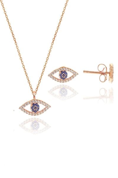 Gümüş rose zirkon taşlı safir göz kolye ve küpe gümüş ikili set SGTL10602SAFIRGOZ
