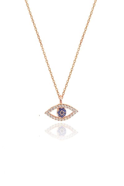 Gümüş rose zirkon taşlı safir göz kolye ve küpe gümüş ikili set SGTL10602SAFIRGOZ