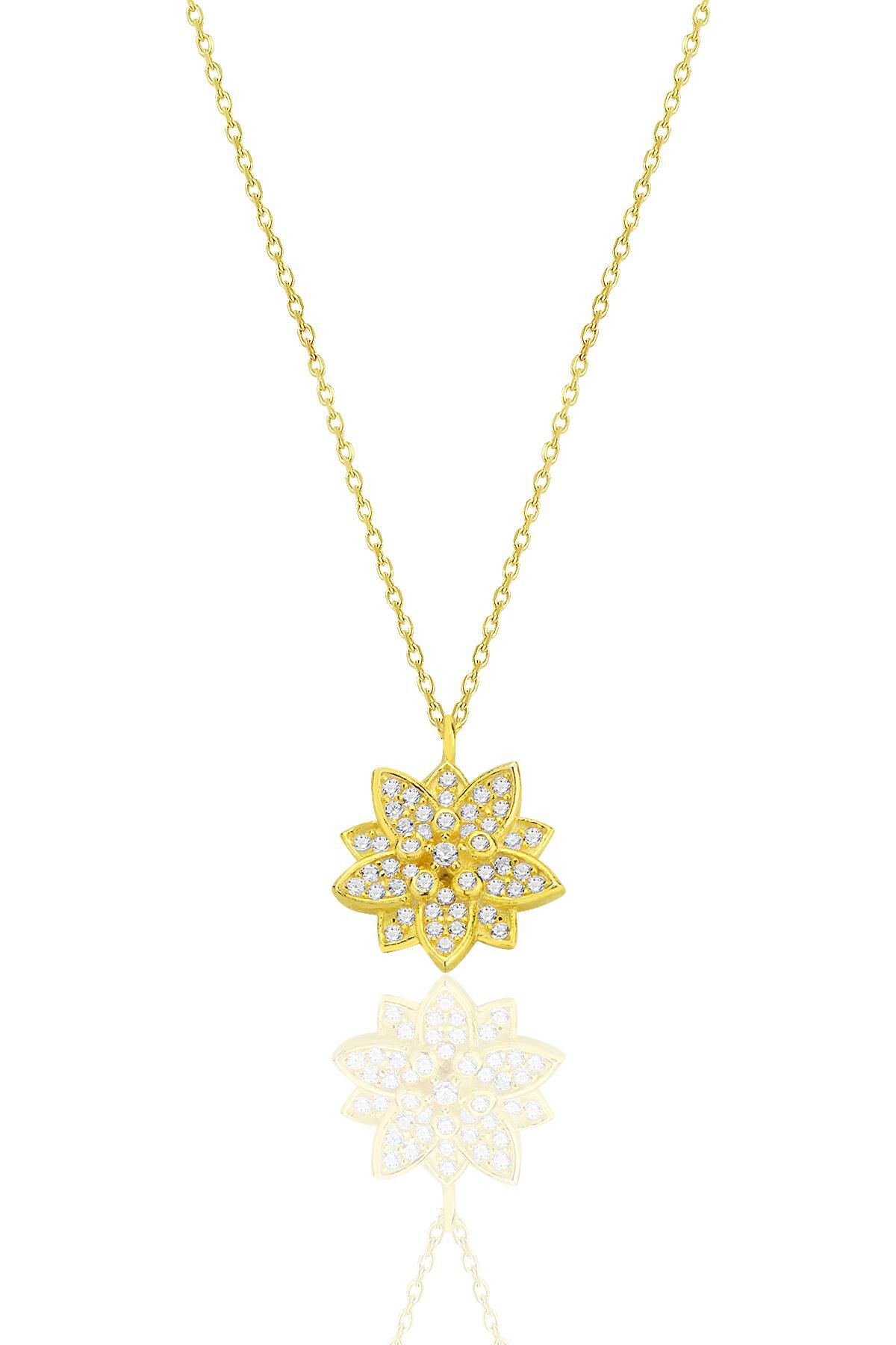 Gümüş altın yaldızlı zirkon taşlı lotus çiçeği kolye SGTL12789GOLD