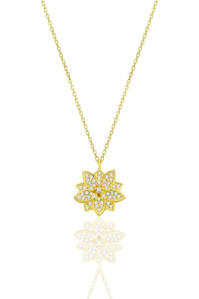 Gümüş altın yaldızlı zirkon taşlı lotus çiçeği kolye SGTL12789GOLD
