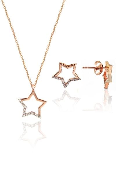 Gümüş rose zirkon taşlı yıldız kolye ve küpe gümüş ikili set SGTL10602YILDIZ