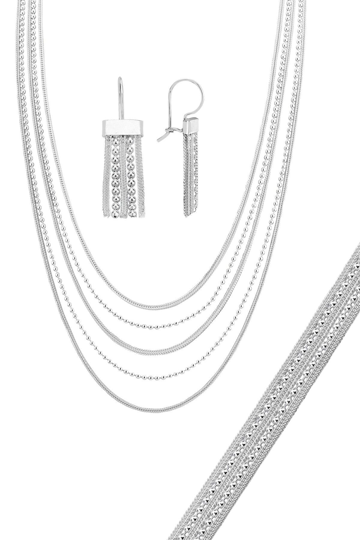 Gümüş 5 sıra toplu midyat hasırı kolye küpe ve bileklik takımı SGTL12803GUMUS