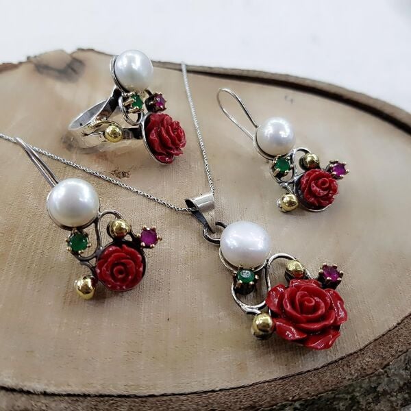 Gümüş inci ve mercan taşlı otantik üçlü set SGTL10772