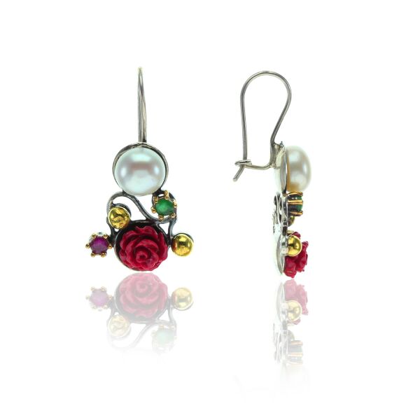 Gümüş inci ve mercan taşlı otantik üçlü set SGTL10772