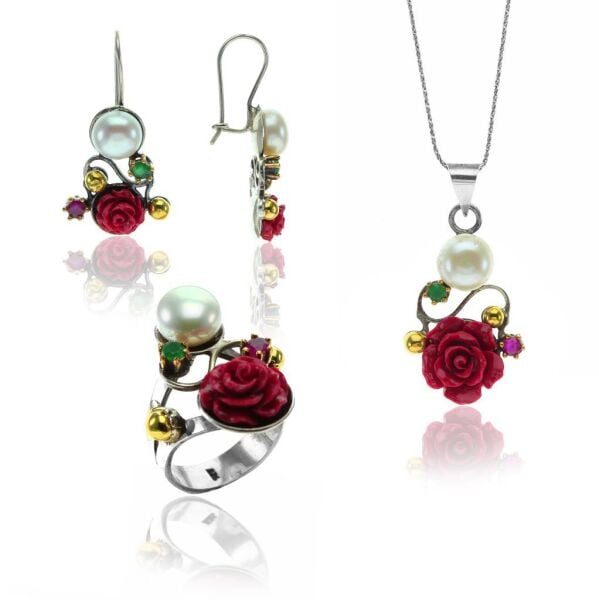 Gümüş inci ve mercan taşlı otantik üçlü set SGTL10772
