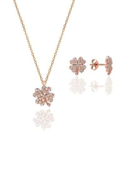 Gümüş rose zirkon taşlı yonca kolye ve küpe gümüş ikili set SGTL10602YONCA