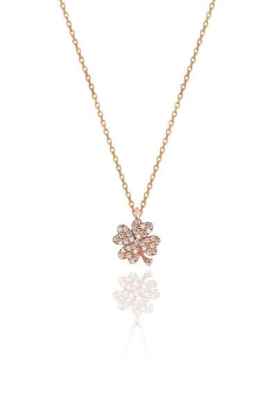 Gümüş rose zirkon taşlı yonca kolye ve küpe gümüş ikili set SGTL10602YONCA