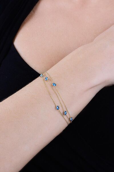 Gümüş altın yaldızlı, cam göz nazar üç zincirli  gümüş bileklik SGTL10612GOLD