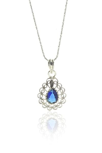 Gümüş telkari modeli safir taşlı damla kolye SGTL9120