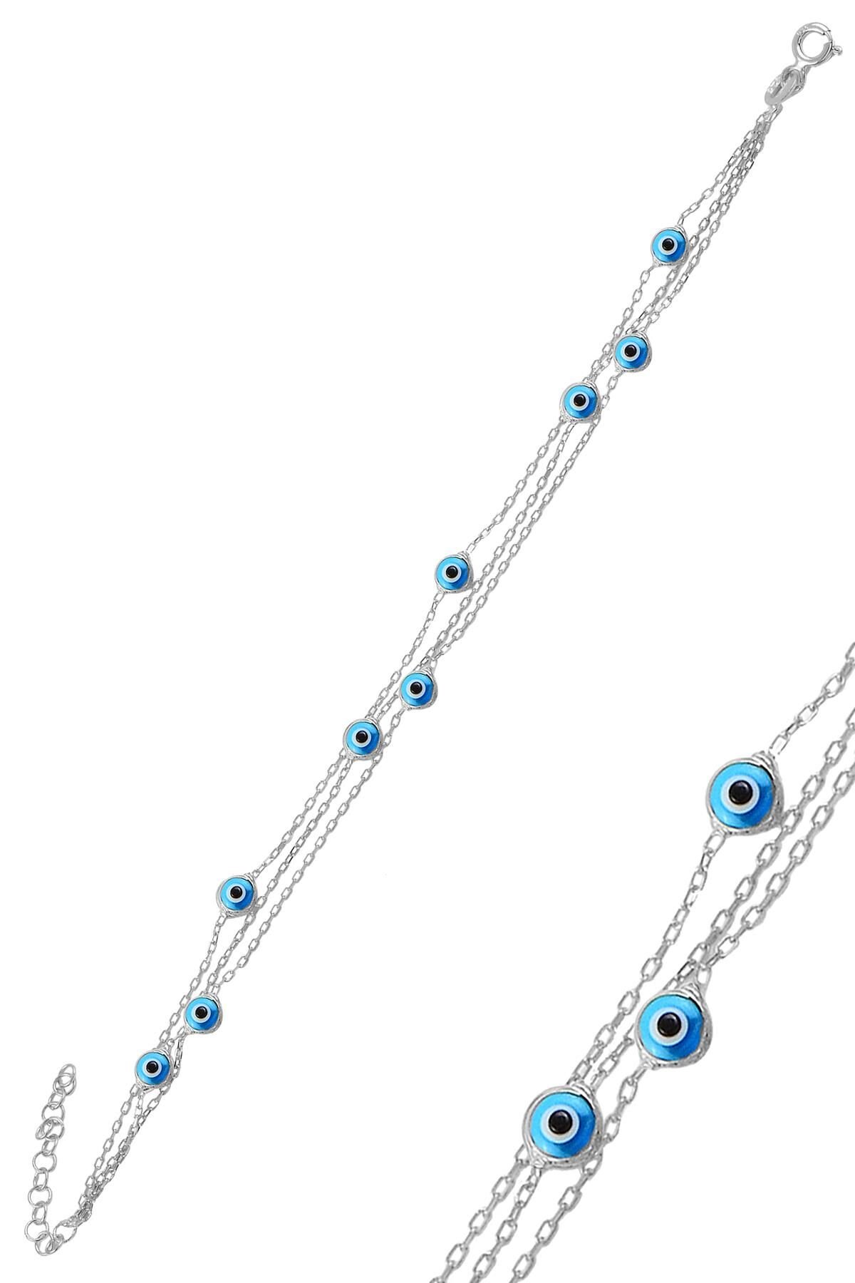 Gümüş rodyumlu , cam göz nazar üç zincirli  gümüş bileklik SGTL10612RODAJ