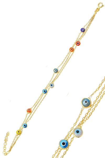 Gümüş altın yaldızlı, renkli,cam göz nazar üç zincirli  gümüş bileklik SGTL10613GOLD
