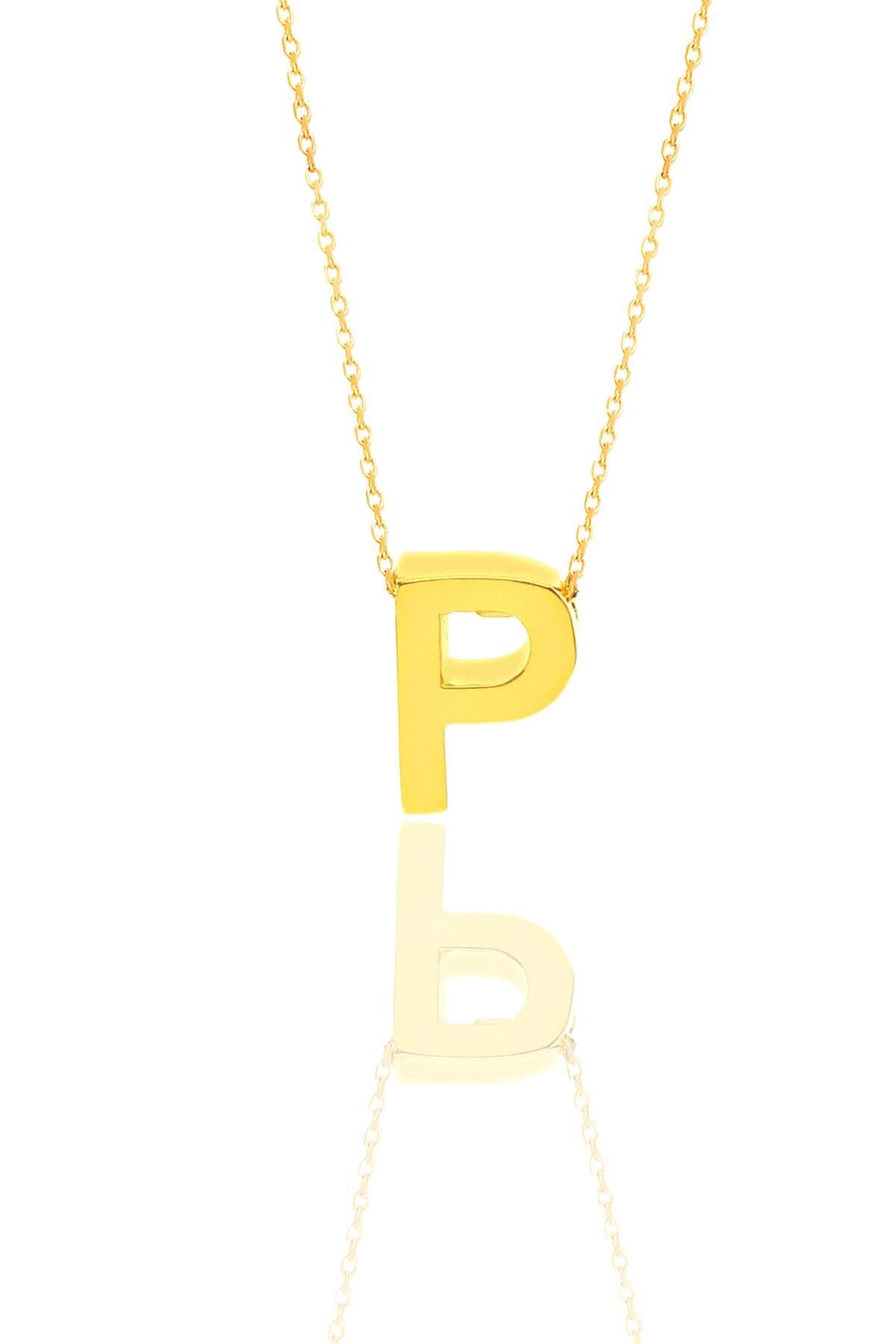 Gümüş altın yaldızlı üç boyutlu minimal P harf kolye SGTL11180P