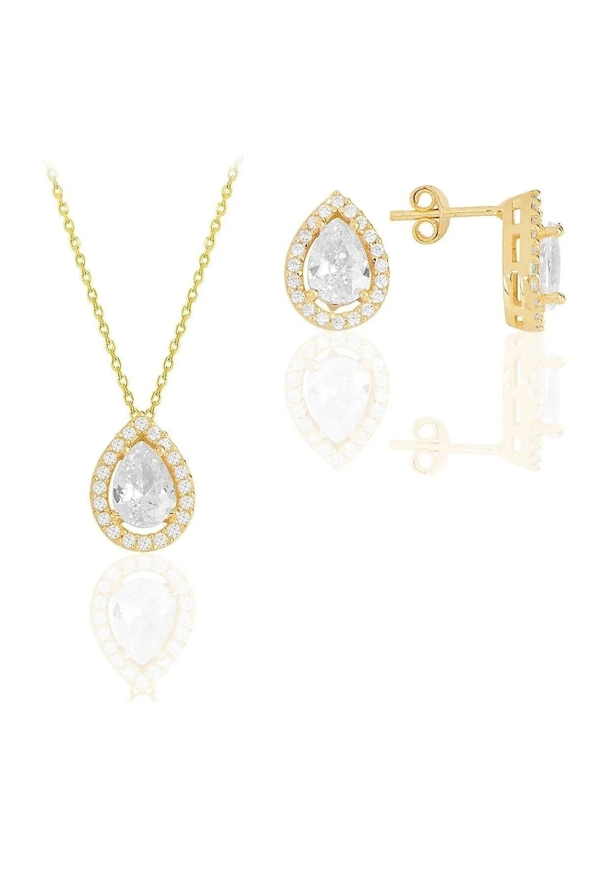 Gümüş altın yaldızlı zirkon taşlı damla modeli ikili set SGTL11521BEYAZ