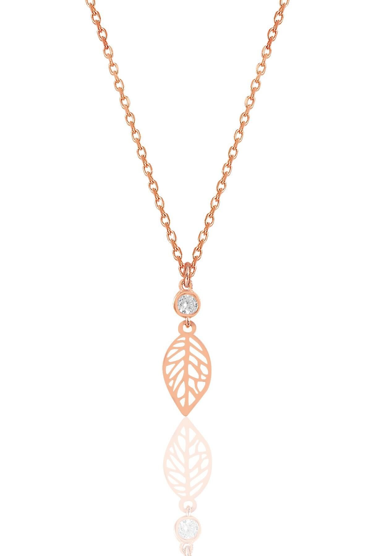 Gümüş rose zirkon taşlı yaprak kolye SGTL12008ROSE