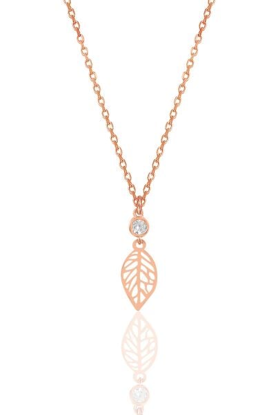 Gümüş rose zirkon taşlı yaprak kolye SGTL12008ROSE