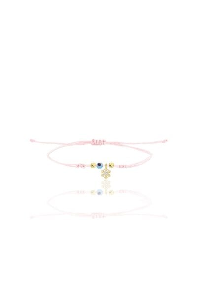 Gümüş altın yaldızlı nazarlı kar tanesi pembe ipli şans bileklik SGTL12468GOLD
