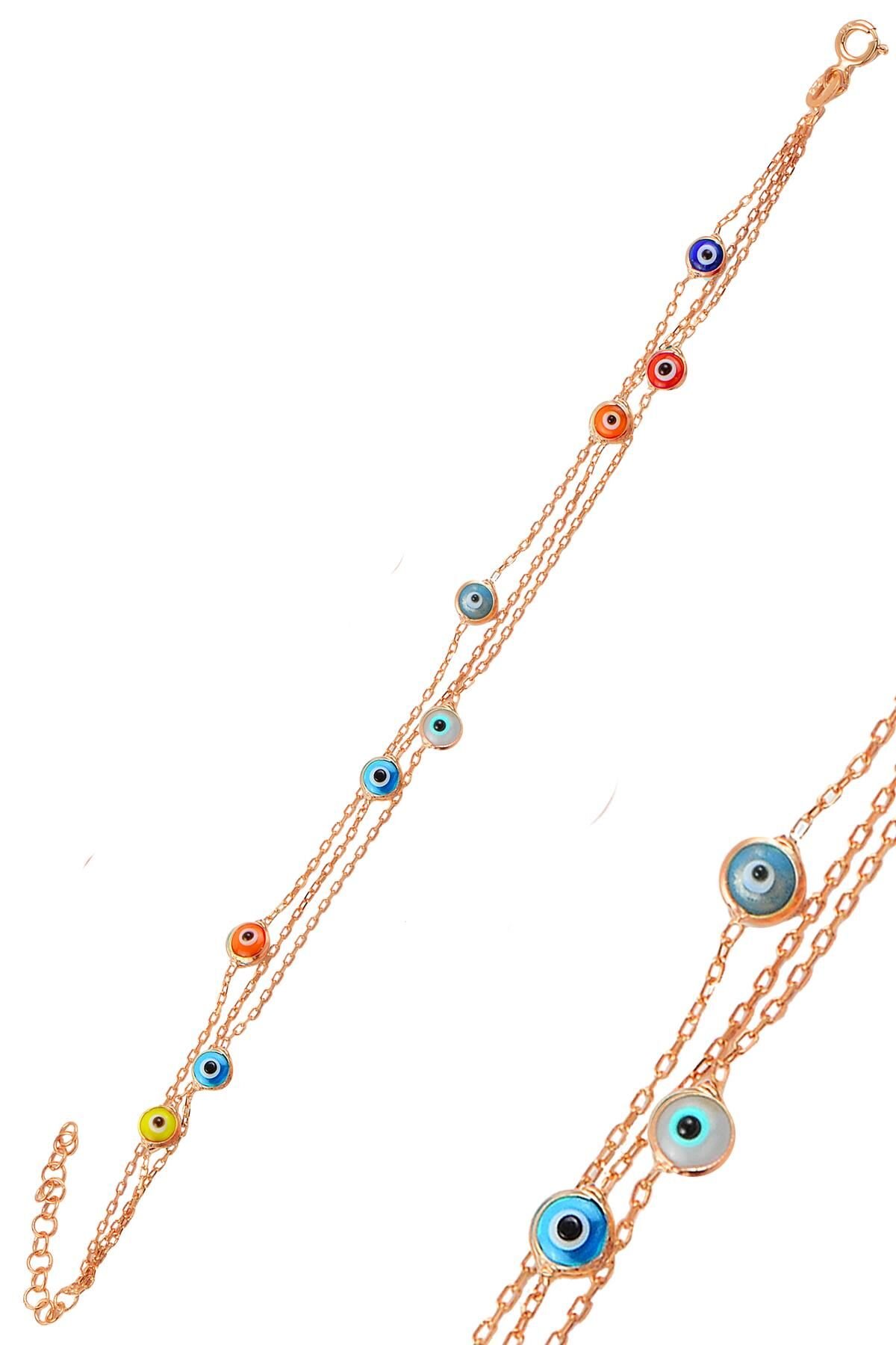 Gümüş rose, renkli  cam göz nazar üç zincirli  gümüş bileklik SGTL10613ROSE