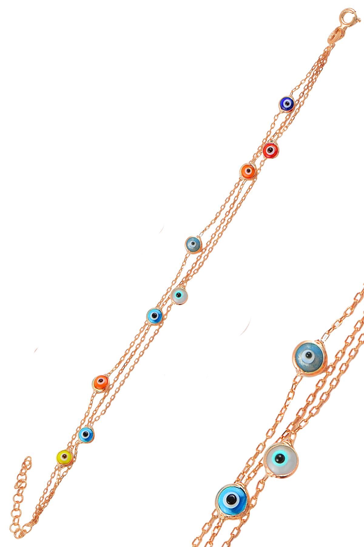 Gümüş rose, renkli  cam göz nazar üç zincirli  gümüş bileklik SGTL10613ROSE
