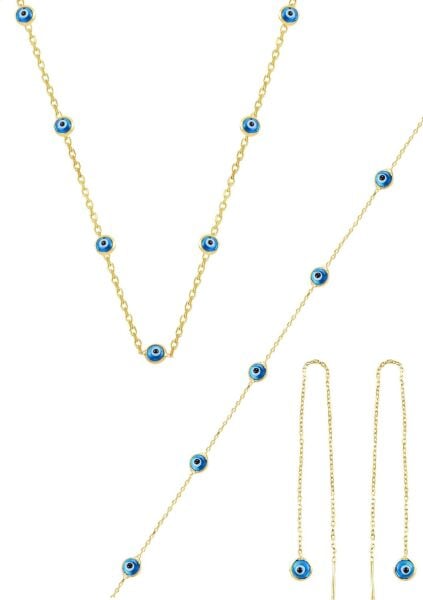 Gümüş altın yaldızlı,cam göz nazar kolye küpe ve bileklik  gümüş set SGTL10614GOLD