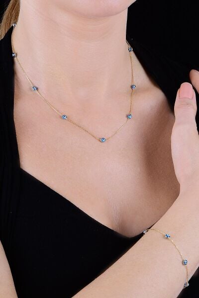 Gümüş altın yaldızlı,cam göz nazar kolye küpe ve bileklik  gümüş set SGTL10614GOLD