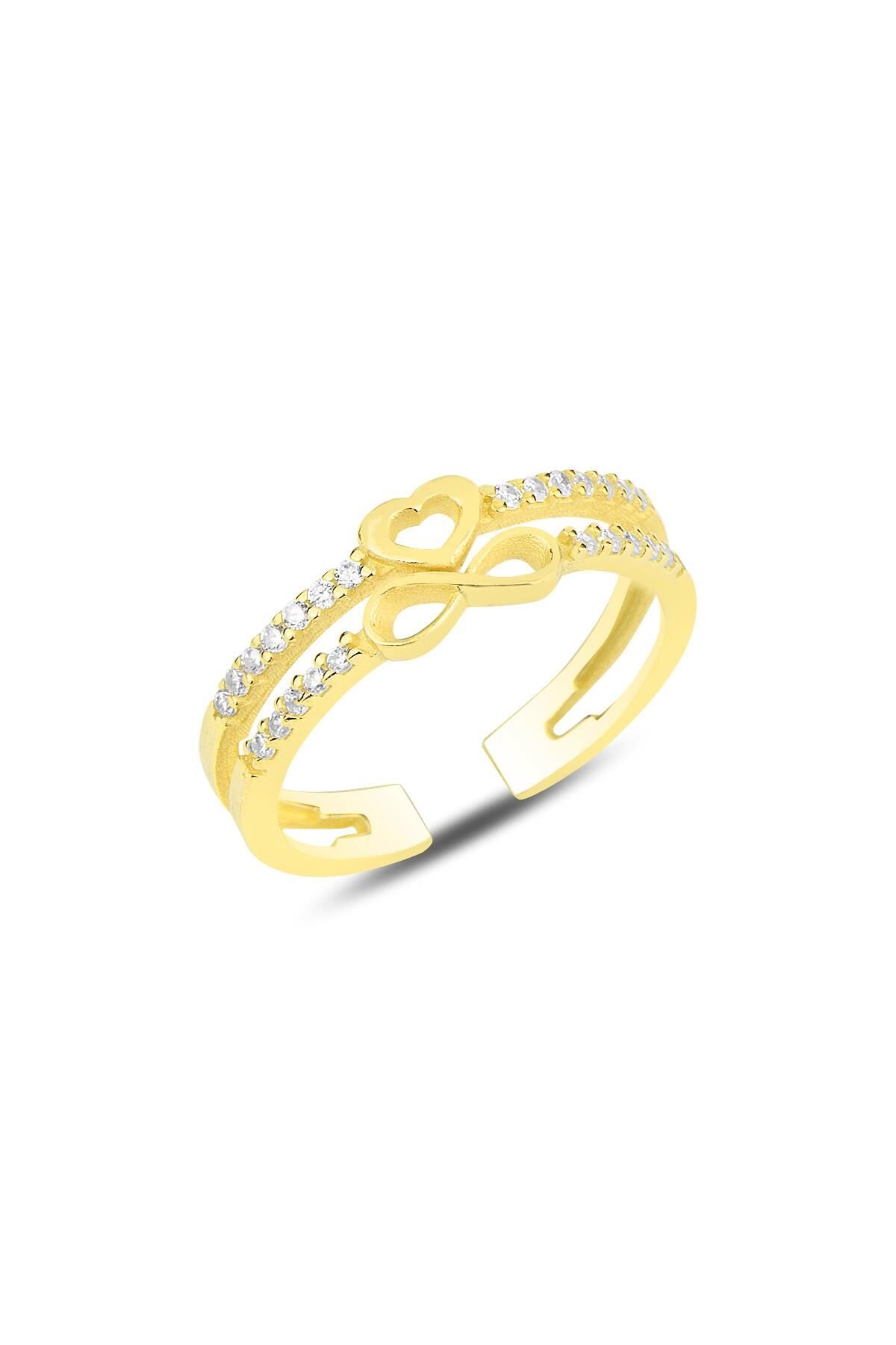 Gümüş altın yaldızlı zirkon taşlı kalp ve sonsuzluk modeli ayarlamalı yüzük SGTL12157GOLD