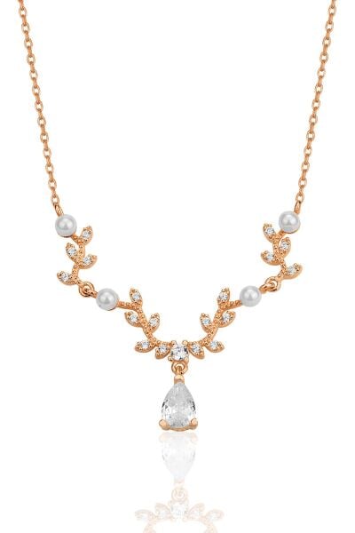 Gümüş rose inci ve zirkon taşlı yaprak firgürlü prenses kolye SGTL12355ROSE