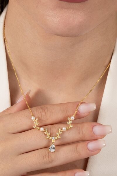 Gümüş altın yaldızlı inci ve zirkon taşlı yaprak firgürlü prenses kolye SGTL12355GOLD