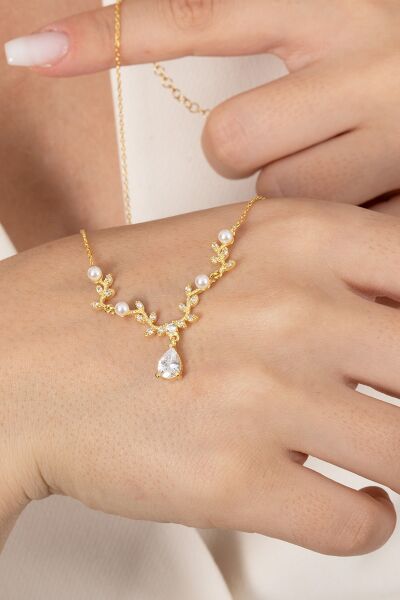 Gümüş altın yaldızlı inci ve zirkon taşlı yaprak firgürlü prenses kolye SGTL12355GOLD