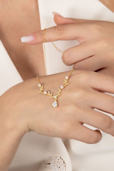 Gümüş altın yaldızlı inci ve zirkon taşlı yaprak firgürlü prenses kolye SGTL12355GOLD