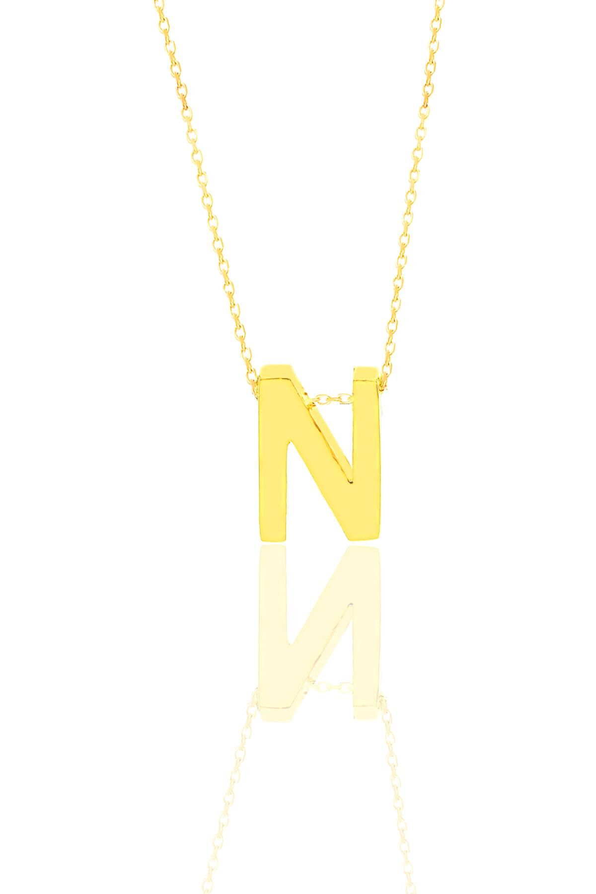 Gümüş altın yaldızlı üç boyutlu minimal N harf kolye SGTL11180N