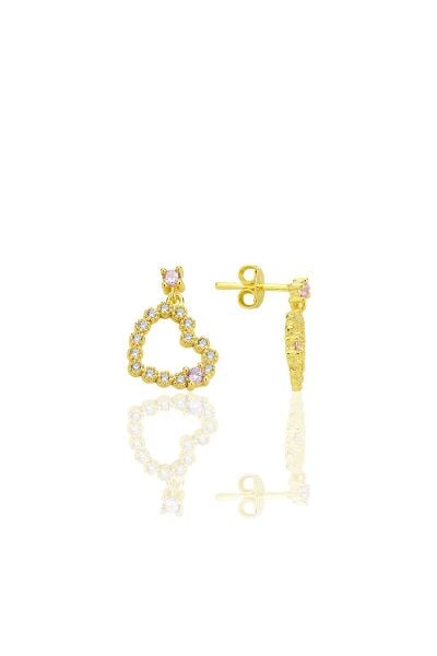 Gümüş altın yaldızlı zirkon taşlı sallantılı kalp küpe SGTL12768GOLD