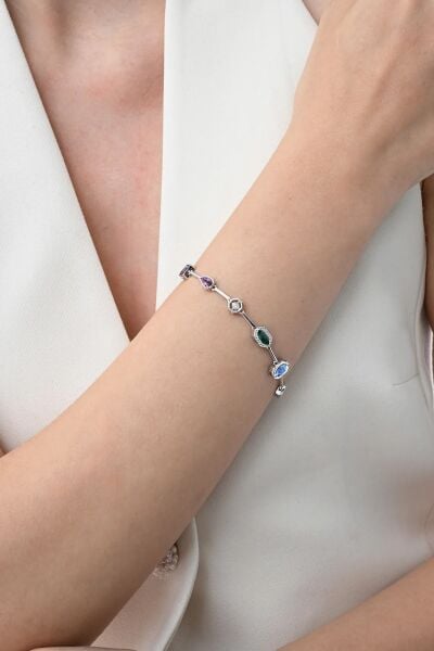 Gümüş rodyumlu asimetrik kesim renkli zirkon taşlı bileklik  SGTL12865RODAJ