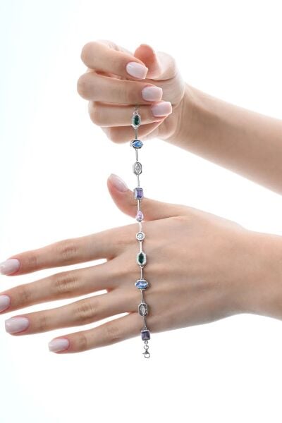 Gümüş rodyumlu asimetrik kesim renkli zirkon taşlı bileklik  SGTL12865RODAJ