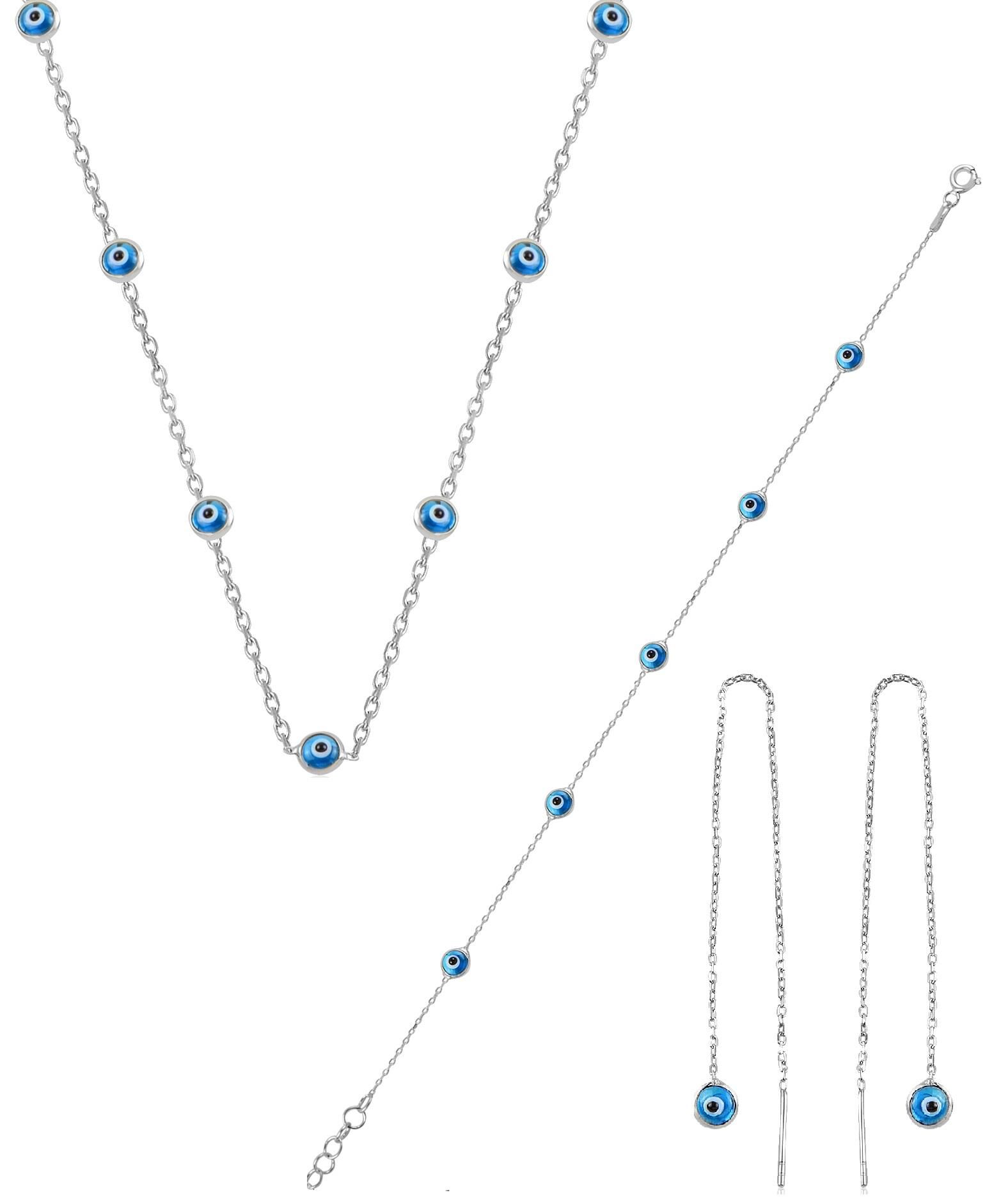 Gümüş rodyumlu,cam göz nazar kolye küpe ve bileklik  gümüş set SGTL10614RODAJ