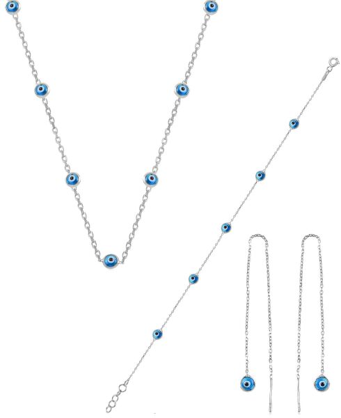Gümüş rodyumlu,cam göz nazar kolye küpe ve bileklik  gümüş set SGTL10614RODAJ