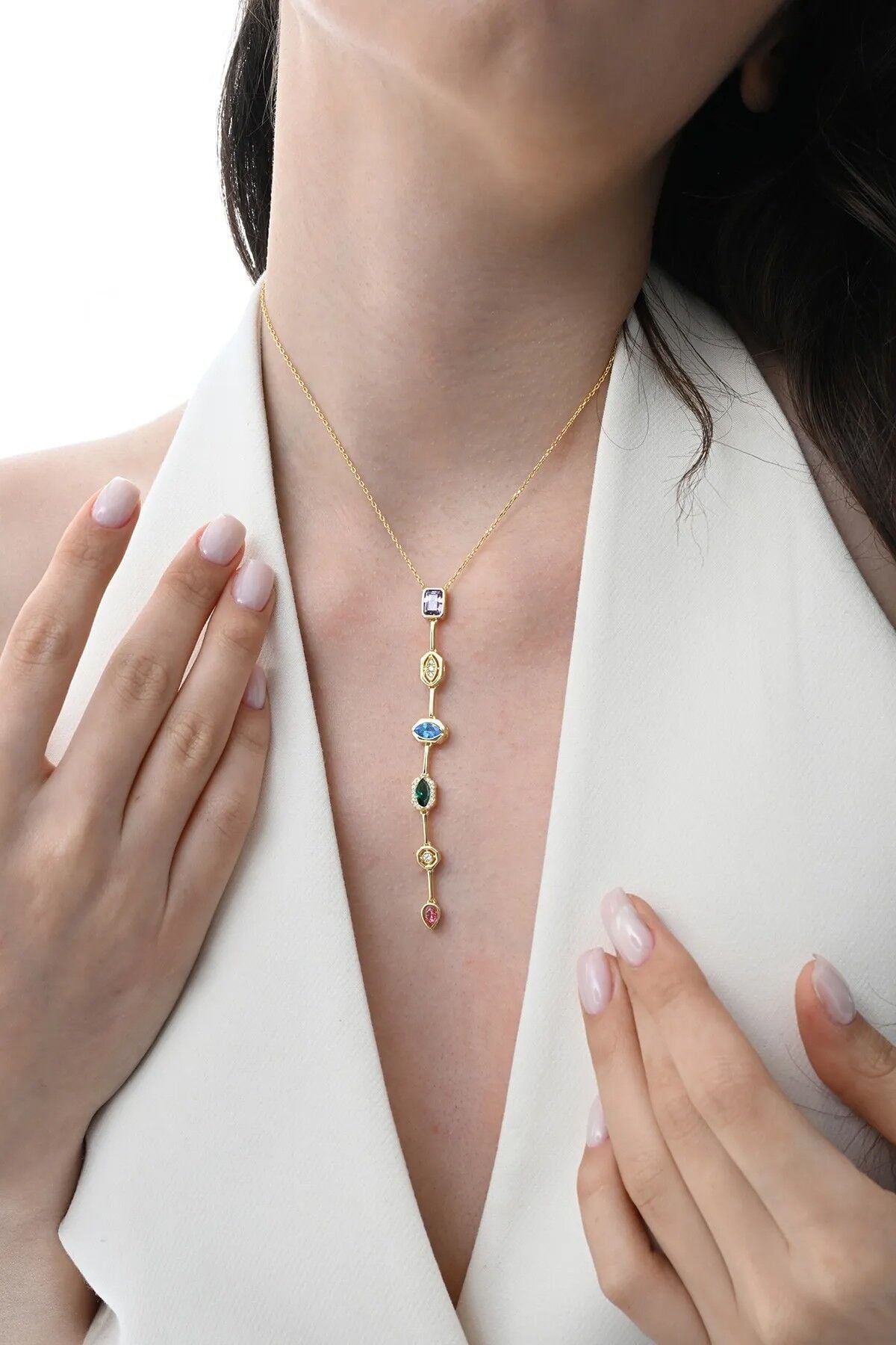 Gümüş altın yaldızlı asimetrik kesim renkli zirkon taşlı Y kolye SGTL12866GOLD