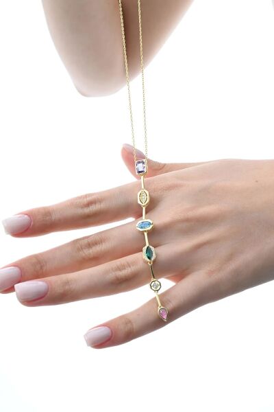 Gümüş altın yaldızlı asimetrik kesim renkli zirkon taşlı Y kolye SGTL12866GOLD