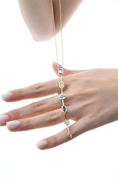 Gümüş altın yaldızlı asimetrik kesim renkli zirkon taşlı Y kolye SGTL12866GOLD