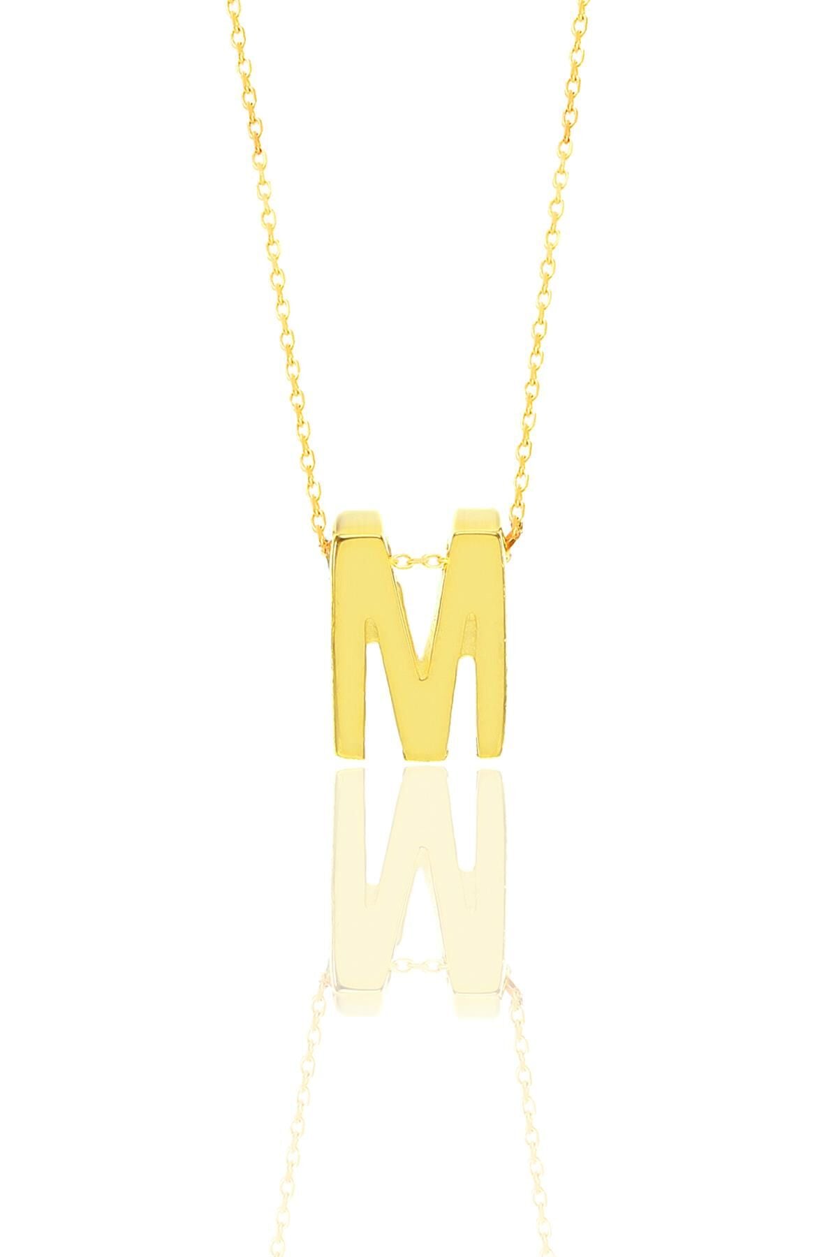 Gümüş altın yaldızlı üç boyutlu minimal M harf kolye SGTL11180M