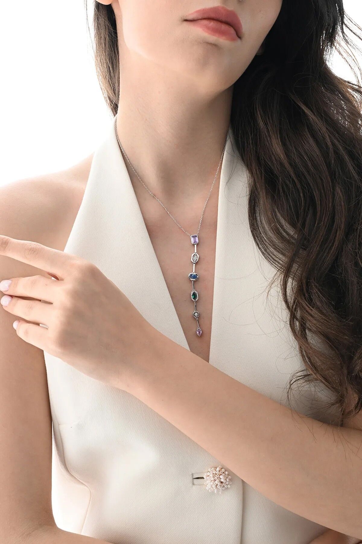 Gümüş rodyumlu asimetrik kesim renkli zirkon taşlı Y kolye SGTL12866RODAJ