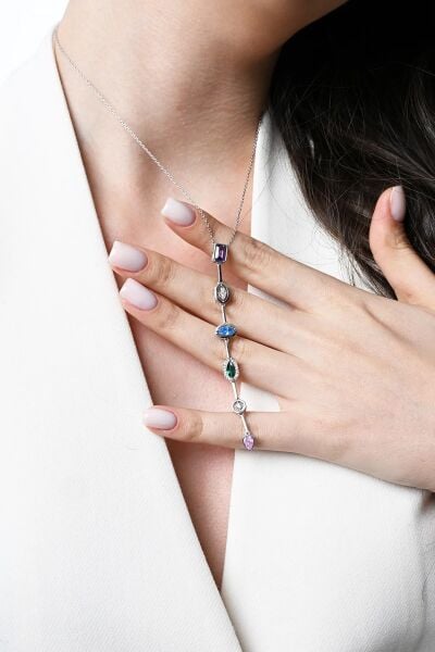 Gümüş rodyumlu asimetrik kesim renkli zirkon taşlı Y kolye SGTL12866RODAJ